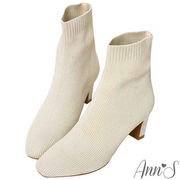 Ann’S筷子腿3.0美度再升級!貼腿彈力飛織微方頭扁跟瘦小腿襪靴6.5cm-米白
