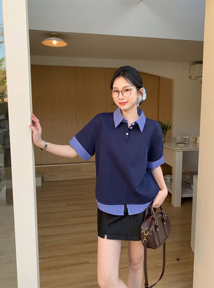 【missy shop】藍海光譜拼接襯衫假兩件上衣-77182 NT$690