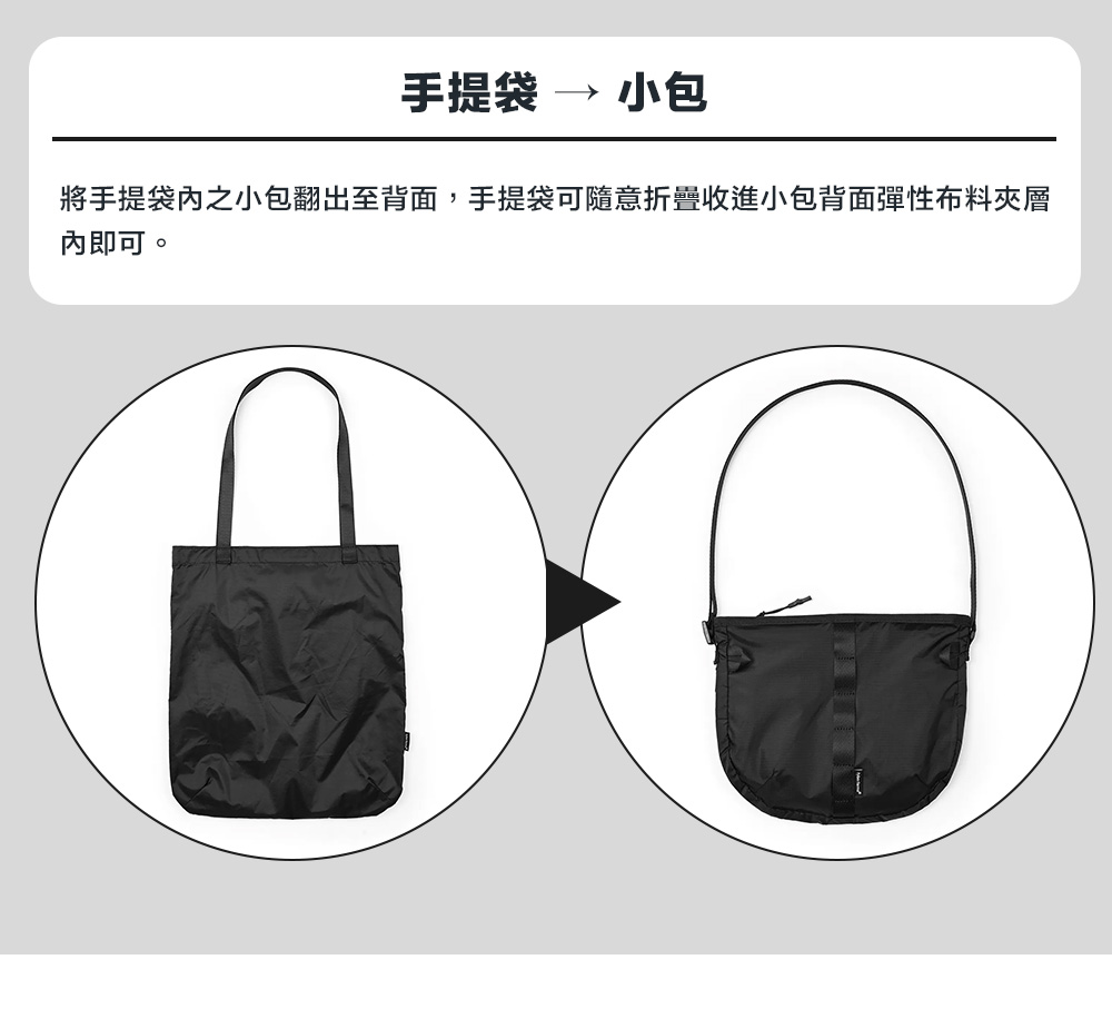 手提袋 → 小包將手提袋之小包翻出至背面,手提袋可隨意收進小包背面彈性布料夾層內即可。