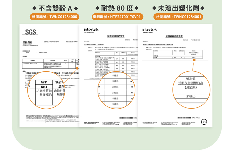 不含雙酚A耐熱8度未溶出塑劑♦編號:TWNC01284000檢測編號:HTF24700170V01檢測編號:TWNC01284001SGS測試報告化結果食品No1功能性正常 功能性無變褪色無變intertekintertek全國公證測試報告全國公證測試報告未檢出未檢出0.05未檢出305未檢出未檢出9未檢出檢出值透明灰色塑膠瓶身未檢出