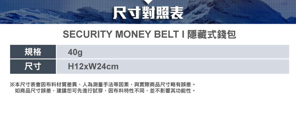 尺寸對照表SECURITY MONEY BELT I 隱藏式錢包規格40g尺寸H12xW24cm※本尺寸表會布料材質差異、人為測量手法等因素,與實際商品尺寸略有誤差。如商品尺寸誤差,建議您可先進行試穿,因布料特性不同,並不影響其功能性。