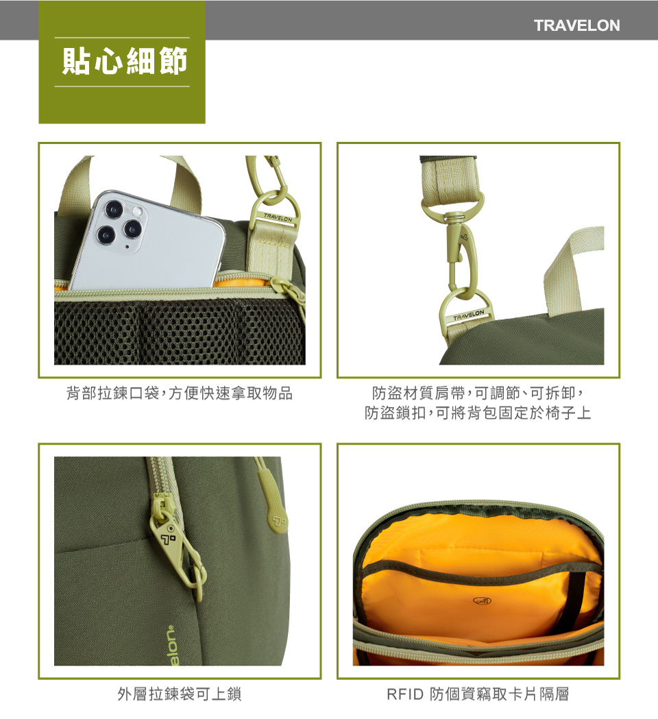 貼心細節背部拉鍊口袋,方便快速拿取物品TRAVELONTRAVELON防盜材質肩帶,可調節、可拆卸,防盜鎖扣,可將背包固定於椅子上外層拉鍊袋可上鎖RFID 防個資竊取卡片隔層TRAVELON