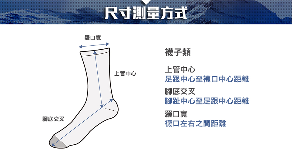 腳底交叉羅口尺寸測量方式襪子類上管中心上管中心足跟中心至襪口中心距離腳底交叉腳趾中心至足跟中心距離羅口寬襪口左右之間距離