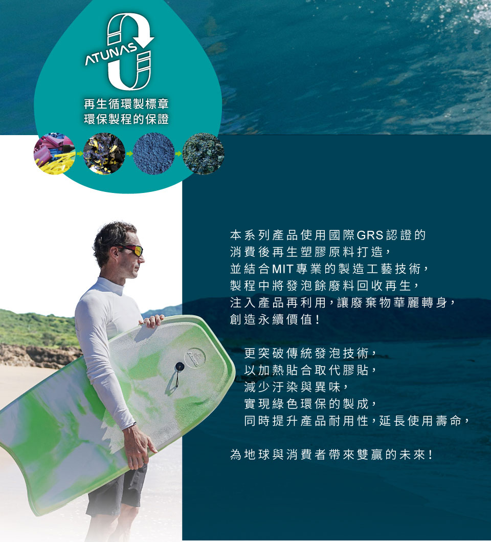 ATNASU再生循環製標章環保製程的保證本系列產品使用國際GRS認證的消費後再生塑膠原料打造,並結合MIT專業的製造工藝技術,製程中將發泡餘廢料回收再生,注入產品再利用,讓廢棄物華麗轉身,創造永續價值!更突破傳統發泡技術,以加熱貼合取代膠貼,減少汙染與異味,實現綠色環保的製成,同時提升產品耐用性,延長使用壽命,為地球與消費者帶來雙贏的未來!
