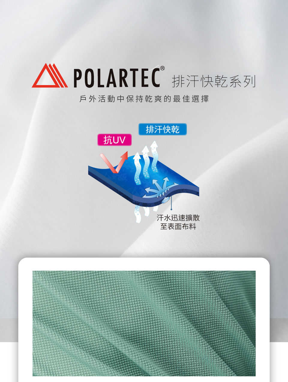 POLARTECⓇ 排汗快乾系列戶外活動中保持乾爽的最佳選擇排汗快乾抗UV汗水迅速擴散至表面布料