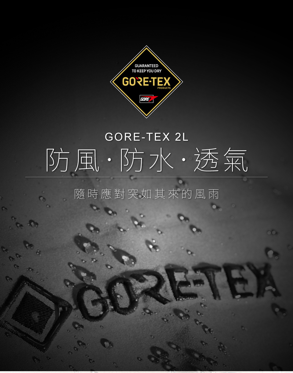 GUARANTEEDTO KEEP YOU DRYGORETEXPRODUCTSGOREGORE-TEX 2L防風·防水·透氣隨時應對突如其來的風雨GORE-TEX