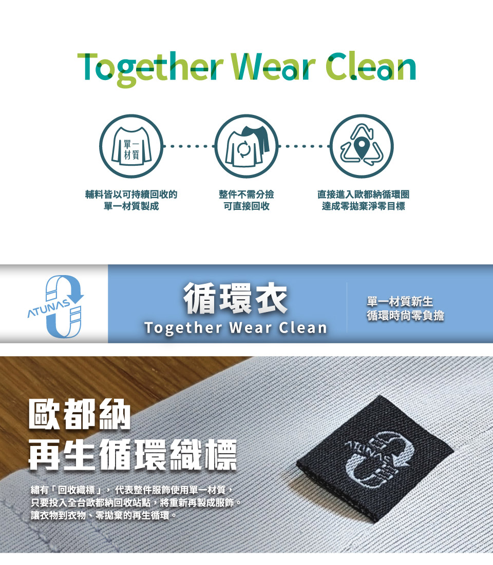 Together Wear Clean材質輔料皆以可持續回收的單一材質製成整件不需分撿可直接回收直接進入歐都納循環圈達成目標ATUNAS歐都納循環Together Wear Clean再生循環織標繡有「回收織標,代表整件服飾使用單一材質,只要投入全台歐都納回收站點,將重新再製成服飾讓衣物到衣物、零拋棄的再生循環單一材質新生循環時零負擔