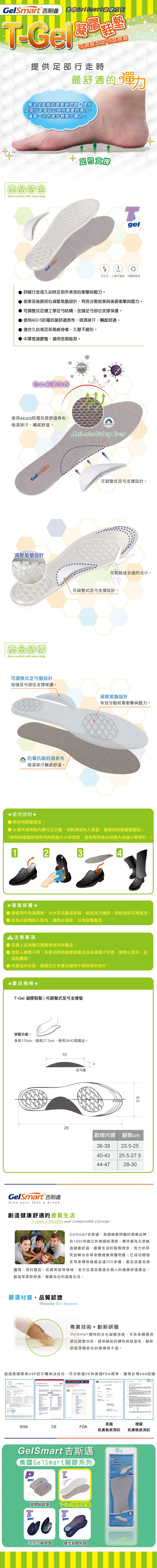 吉斯邁 美國系列凝膠式弓支撐墊提供部行走時最舒適的彈力解決足底脂肪墊萎縮問題提供 行走或站立時所需要的彈力讓每一次的踏步輕鬆不費力。產品特色Give comfort with every step足gel可水洗 久壓不變形可重複使用舒緩行走或久站時足部所承受的衝擊與壓力。前掌及後跟部位減壓氣墊設計有效分散前掌與後跟衝擊與壓力。可調整式足體工學足弓結構,加強足弓部位支撐保護。使用A防霉抗菌舒適表布,吸濕排汗觸感舒適。適合久站或足部易疲勞者,久壓不變形。中厚度凝膠墊,適用各類鞋款。防止細菌生長使用AEGIS防霉抗菌舒適表布,吸濕排汗觸感舒適。lSmart減壓氣墊設計產品結構Give comfort with every step可調整式足弓墊設計加強足弓部位支撐保護。防霉抗菌舒適表布吸濕排汗觸感舒適。EGISAntimicrobial top ver可調整式足弓支撐設計。可剪裁成合適的大小。可調整式足弓支撐設計。減壓氣墊設計有效分散前掌衝擊與壓力。使用說明 將原有鞋墊取出。以濕布清潔鞋內髒污及灰塵,待乾燥後放入鞋墊,確保與鞋面確實服貼。(裁剪時建議依造常用的鞋墊大小來裁剪,避免剪完後出現過大或過小等情形。)123清潔保養★ 請使用中性清潔劑,冷水手洗產品表面,避免用力搓揉,後即可再使用。 若有尖銳物跑入鞋內,請務必清除,以免刮傷產品。 注意事項●皮膚上若有傷口請暫停使用本產品。●因個人膚質不同,若使用時有過敏現象或血液循環不好者,請停止使用,並洽詢醫師。●本產品非玩具,請儲放於孩童及寵物不易取得的地方。★產品規格★ 凝膠鞋墊|可調整式足弓支撐墊穿戴示範:身高170cm,腳長27.5cm,使用39/42號產品。GelSmart 吉斯邁足弓塾28歐規尺碼 腳長cm36-3923.5-2540-4325.5-27.544-4728-30Give your feet a break創造健康舒適的優質生活Create a Healthy and Comfortable LifestyleGelSmart吉斯邁,美國健康照護的領導品牌,自1985年創立於美國紐澤西,秉持著為大眾創造健康舒適、優質生活的服務理念,致力於研究並解決各項身體健康照護問題。成功開發各項身體保健產品200多種,產品涵蓋足部護理、骨科整型、肌膚美容等領域,全方位滿足最適合個人的健康舒適產品,創造更柔軟舒適、健康自在的適意生活。嚴選材質,品質認證Detailed Test Reports專業技術創新研發GelSmart獨特的生化凝膠技術,可依身體應用部位調整功效,提供絕佳的彈性與舒適性,幫助舒緩身體部位的摩擦與不適。通過美國藥典USP認可礦物油成份,符合歐盟和美國FDA標準,獲得台灣SGS認證 10CE-  Co美國德國SGSCEFDA肌膚測試肌膚敏感測試GelSmart 吉斯邁美國GelSmart凝膠系列Pgel凝膠腳跟墊gelgelGe凝膠鞋墊Tgel足弓腳跟墊健步凝膠鞋墊AdvancedGel Insole