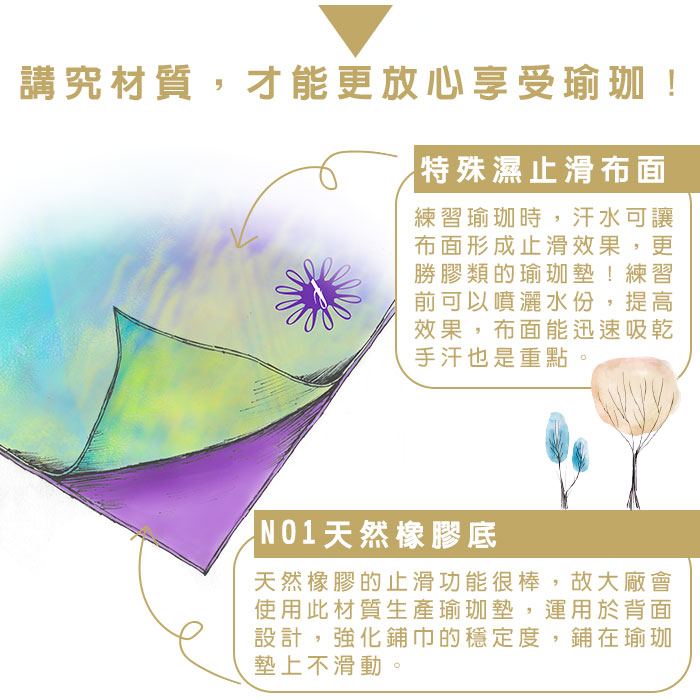 迷幻森林旅行瑜珈鋪巾墊,材質講究,才能更放心享受瑜珈,特殊濕止滑布面,no1天然橡膠底