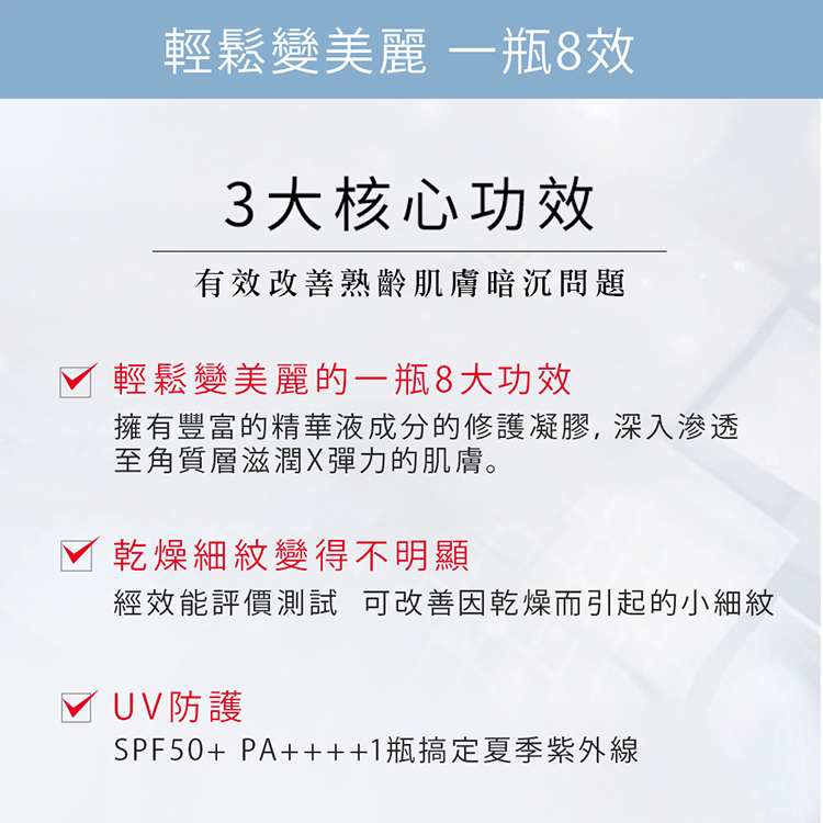 輕鬆變美麗 一瓶8效3大核心功效有效改善熟齡肌膚暗沉問題輕鬆變美麗的一瓶8大功效擁有豐富的精華液成分的修護凝膠,深入滲透至角質層滋潤X彈力的肌膚。乾燥細紋變得不明顯經效能評價測試 可改善因乾燥而引起的小細紋UV防護SPF50+ PA++++1瓶搞定夏季紫外線