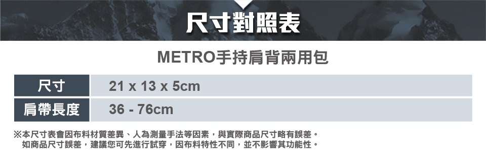 尺寸對照表METRO手持肩背兩用包尺寸21 x 13 x 5cm肩帶長度36 - 76cm※本尺寸表會因布料材質差異、人為測量手法等因素,與實際商品尺寸略有誤差。如商品尺寸誤差,建議您可先進行試穿,因布料特性不同,並不影響其功能性。