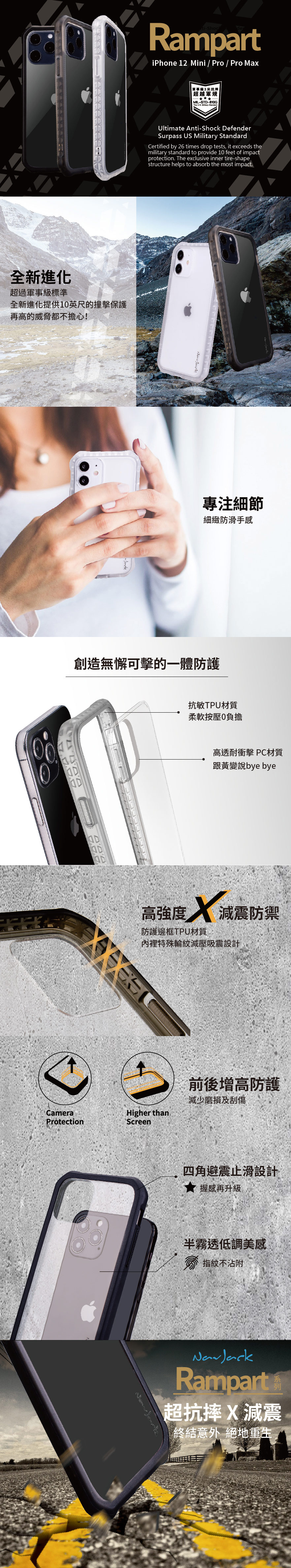全新進化超過標準全新進化提供1英尺的撞擊保護再高的威脅都不擔心!RampartiPhone 12 Mini / Pro / Pro Max軍事級3米抗摔超越軍規MIL-STD-810GUltimate Anti-Shock DefenderSurpass US Military StandardCertified by 26 times drop tests, it exceeds themilitary standard to provide 10 feet of impactprotection. The exclusive inner tire-shapestructure helps to absorb the most impact.專注細節細緻防滑手感創造無懈可擊的一體防護CameraProtection抗敏TPU材質柔軟按壓0負擔高透耐衝擊 PC材質跟黃變說bye bye高強度 減震防禦防護邊框TPU材質內裡特殊輪紋減壓吸震設計Higher thanScreen前後增高防護減少磨損及刮傷四角避震止滑設計握感再升級半霧透低調美感指紋不沾附Rampart超抗摔X減震終結意外 絕地重生