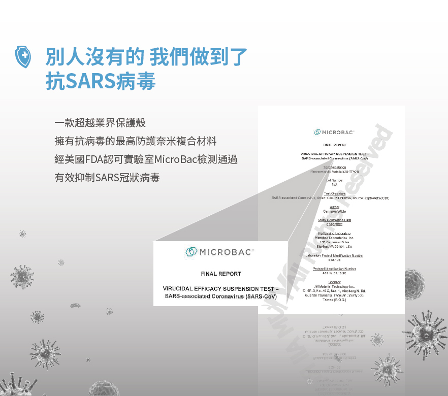 別人沒有的 我們做到了抗病毒一款超越業界保護殼擁有抗病毒的最高防護奈米複合材料經美國FDA認可實驗室icro Bac檢測通過有效抑制S冠狀病毒MIROBAC CARS M A SARS MICROBACFINA REPORTVIRUCIDAL EFFICACY SUSPENSION TEST SARSassociated Coronavirus SARS 1 16 - 1 ()L