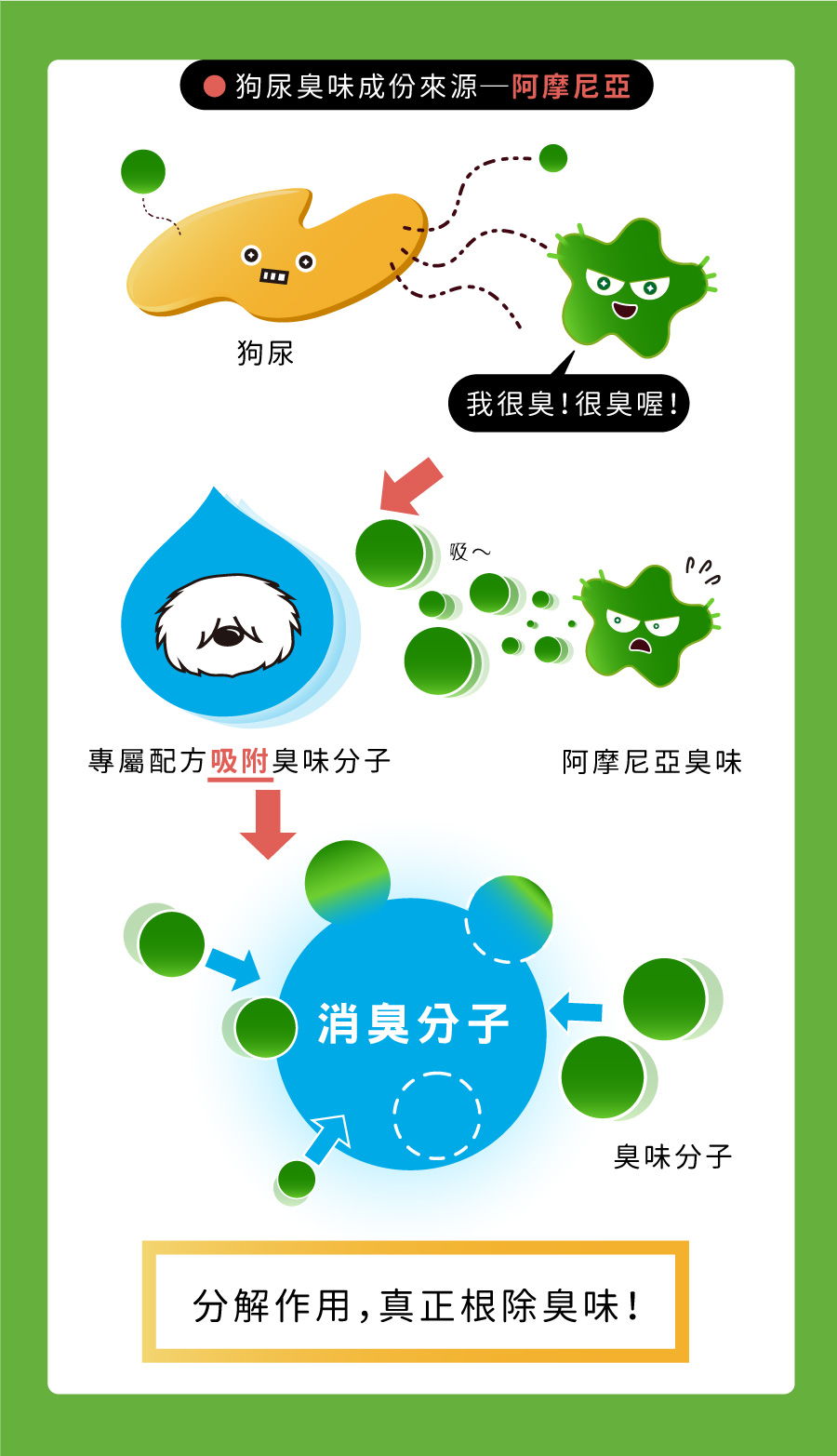 <p style="font-weight: 400"><b>居家清潔系列</b></p> <p style="font-weight: 400"><b>臭味滾 除臭抑菌噴霧</b></p> <p style="font-weight: 400"><b>添加柿子萃取物，除臭裡升級</b></p> <p style="font-weight: 400"></p> <p style="font-weight: 400">主要成份：純水、界面活性劑、抑菌劑。</p> <p style="font-weight: 400"></p> <p style="font-weight: 400">特色功效</p> <p style="font-weight: 400"><b>★無香精</b><b> </b><b>不傷貓孩嗅覺</b></p> <p style="font-weight: 400">⚠香精、漂白水餘味過於刺激毛孩嗅覺</p> <p style="font-weight: 400"><b>無色無味，使用分解除臭</b><b> </b><b>非香味覆蓋</b></p> <p style="font-weight: 400"></p> <p style="font-weight: 400"><b>★</b><b>30</b><b>秒快速消除臭味</b></p> <p style="font-weight: 400">即刻救援！輕鬆生理</p> <p style="font-weight: 400"><b>30秒快速分解異味尿味</b></p> <p style="font-weight: 400"></p> <p style="font-weight: 400"><b>★除臭</b><b>抑菌防黴一次搞定</b></p> <p style="font-weight: 400">SGS檢驗證明抑菌防黴</p> <p style="font-weight: 400"><b>保護毛孩與家人</b></p> <p style="font-weight: 400"></p> <p style="font-weight: 400"><b>★大範圍</b><b>噴頭</b></p> <p style="font-weight: 400">水霧細緻大範圍噴頭</p> <p style="font-weight: 400"><b>迅速滲透臭源</b></p> <p style="font-weight: 400"></p> <p style="font-weight: 400">用途廣泛</p> <p style="font-weight: 400">尿墊、貓砂盆、衣物、沙發、地板、外出籠、床墊、寵物床</p> <p style="font-weight: 400"></p> <p style="font-weight: 400">使用方式</p> <p style="font-weight: 400">直接噴往臭味來源（尿味、異味）</p> <p style="font-weight: 400">等待30秒讓其自然風乾即可</p> <p style="font-weight: 400">依臭味範圍與程度增加按壓次數</p> <p style="font-weight: 400"> ⚠不含香精，對空氣噴無效</p> <p style="font-weight: 400"></p> <p style="font-weight: 400">注意事項：請勿與其他洗潔產品混用，以免影響產品使用效果。</p> <p style="font-weight: 400"></p>