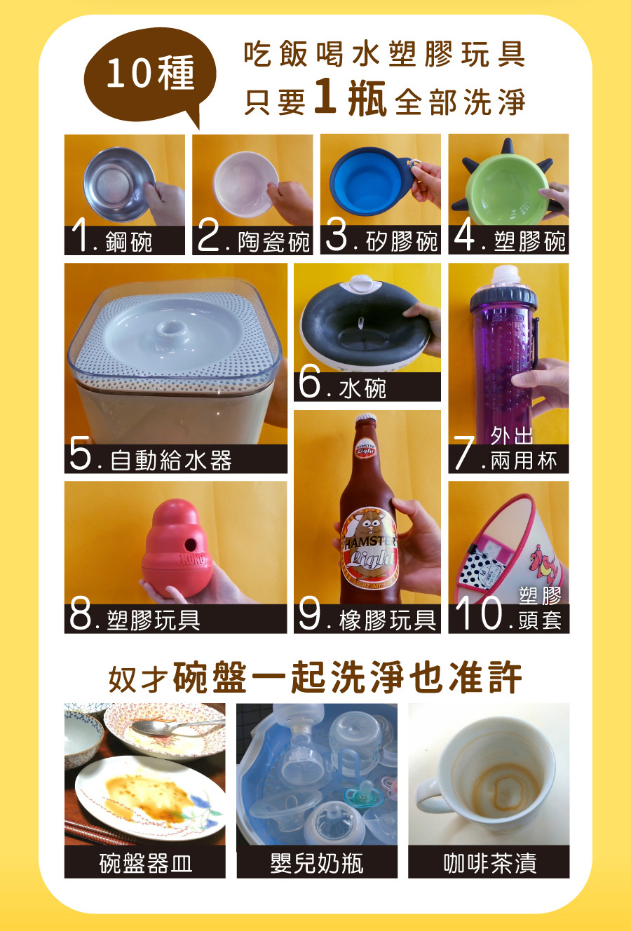4712856184563 <p style="font-weight: 400"><b>居家清潔系列</b></p>
<p style="font-weight: 400"><b>臭味滾</b><b> </b><b>食器洗滌劑</b></p>
<p style="font-weight: 400"><b>無香精/分解口水/細小分子/潤膚成份</b></p>
<p style="font-weight: 400">
<p style="font-weight: 400">目前寵物以鮮食及飼料為主,盛裝於食器內,油脂容易堆積在容器的孔隙內,不易察覺,</p>
<p style="font-weight: 400">進而滋生大腸桿菌和金黃色葡萄球菌,影響毛孩健康。</p>
<p style="font-weight: 400">飼主們可以使用能徹底洗淨的臭味滾食器洗滌劑,照顧寵物的健康。</p>
<p style="font-weight: 400"><b>主要成份:</b>純水、棕櫚油、椰子油、界面活性劑、抑菌劑。</p>
<p style="font-weight: 400">
<p style="font-weight: 400"><b>特色功效</b></p>
<p style="font-weight: 400"><b>★</b><b>無香精 不傷毛孩嗅覺</b></p>
<p style="font-weight: 400">保護寵物嗅覺 照顧毛孩健康</p>
<p style="font-weight: 400">無添加茶樹及柑橘等有害毛孩成份</p>
<p style="font-weight: 400">洗滌餐具後用清水沖洗即可</p>
<p style="font-weight: 400">
<p style="font-weight: 400"><b>★</b><b>分解口水黏液</b></p>
<p style="font-weight: 400">專門針對分解寵物黏膩口水所設計</p>
<p style="font-weight: 400">擺脫餐具的滑溜黏膩感</p>
<p style="font-weight: 400">
<p style="font-weight: 400"><b>★細小分子</b></p>
<p style="font-weight: 400">食器洗潔劑的細小分子能夠</p>
<p style="font-weight: 400">深入孔隙溶解並清除碗盤的陳年油垢</p>
<p style="font-weight: 400"><b> </b></p>
<p style="font-weight: 400"><b>★添加潤膚因子</b></p>
<p style="font-weight: 400">照顧飼主手部肌膚,滋潤不傷手。</p>
<p style="font-weight: 400">
<p style="font-weight: 400"><b>清潔原理</b></p>
<p style="font-weight: 400">一般洗碗精只能清除食器表面,無法深入孔隙。時間一久便會滋生細菌,影響毛孩健康。</p>
<p style="font-weight: 400">l 他牌洗潔精</p>
<p style="font-weight: 400">l 臭味滾食器洗滌劑</p>
<p style="font-weight: 400">l 洗滌方式</p>
<p style="font-weight: 400">l 食器洗滌劑分子較小,深入孔隙中做分解達到清潔</p>
<p style="font-weight: 400"><b>適用範圍</b></p>
<p style="font-weight: 400">塑膠及鐵製碗盤、沾有口水的塑膠玩具等。</p>
<p style="font-weight: 400">
<p style="font-weight: 400"><b>使用方式</b></p>
<p style="font-weight: 400">直接沾於菜瓜布、海綿等食品清洗工具上使用。</p>
<p style="font-weight: 400"><b>注意事項:</b>請勿與其他洗潔產品混用,以免影響產品使用效果。</p>
<p style="font-weight: 400">※圖片只供參考,一切以實物為準。</p>
<p style="font-weight: 400">