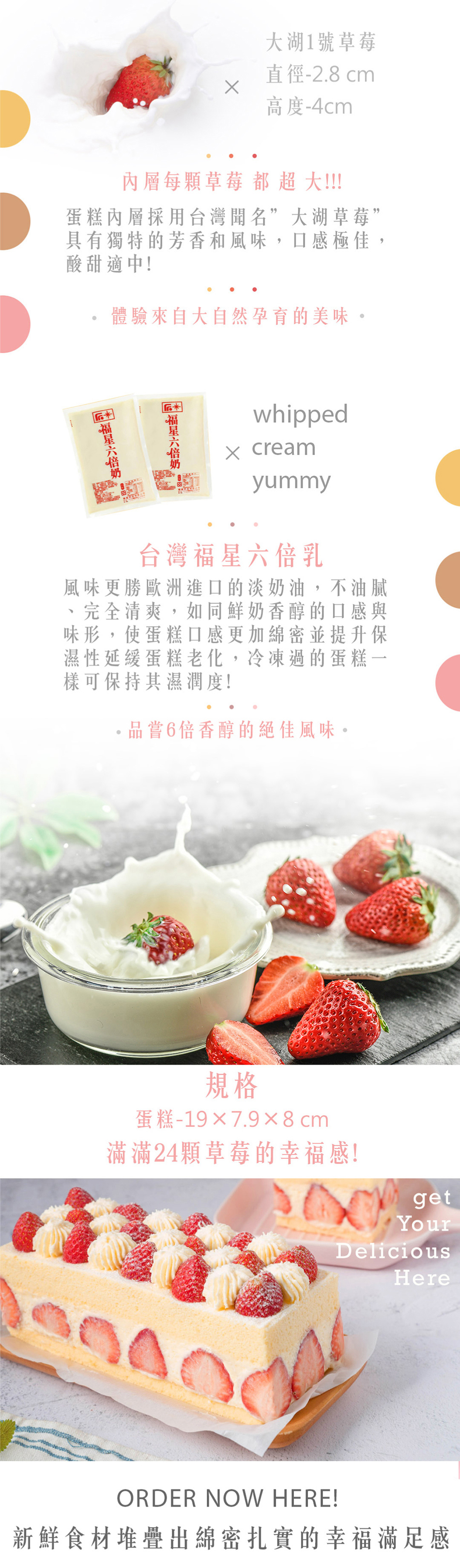 大湖1號草莓,直徑-2.8 cm,高度-4cm,內層每顆草莓 都超 大!!蛋糕內層採用台灣聞名”大湖草莓”,具有獨特的芳香和風味,口感極佳,酸甜適中!體驗來自大自然孕育的美味。台灣福星六倍乳,風味更勝歐洲進口的淡奶油,不油腻,完全清爽,如同鮮奶香醇的
