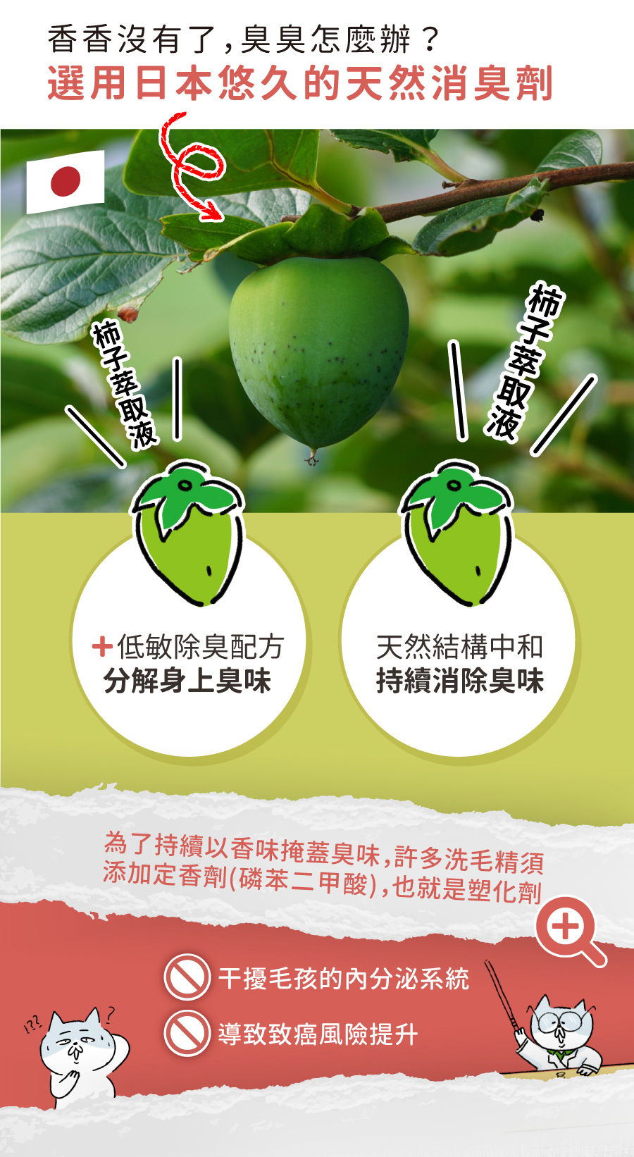 <p style="font-weight: 400">無香除臭 / 深層潔淨 / 低敏配方 / 護膚成份</p>
<p style="font-weight: 400">
<p style="font-weight: 400"><b><strong>產品特色</strong></b></p>
<p style="font-weight: 400"><b><strong>不添加香精</strong></b></p>
<p style="font-weight: 400">不刺激寵物嗅覺</p>
<p style="font-weight: 400"><b><strong>添加柿子萃取物</strong></b></p>
<p style="font-weight: 400">延長除臭時間</p>
<p style="font-weight: 400"><b><strong>低敏配方</strong></b></p>
<p style="font-weight: 400">增加除臭功效</p>
<p style="font-weight: 400"><b><strong>護膚成份</strong></b></p>
<p style="font-weight: 400">保護主人白皙雙手</p>
<p style="font-weight: 400">
<p style="font-weight: 400"><b><strong>使用方法</strong></b></p>
<ol>
<li style="font-weight: 400">以水將毛髮徹底打濕</li>
<li style="font-weight: 400">將洗毛液輕輕搓揉至產生泡沫</li>
</ol>
<p style="font-weight: 400">注意：為了降低過敏發生，我們減少了起泡劑的使用</p>
<p><span style="font-weight: 400">3. 洗淨後擦乾或吹乾</span></p>