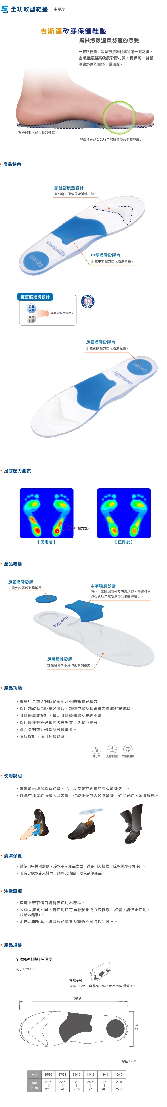 功效型  中厚度吉斯邁矽膠保健鞋墊提供您最溫柔舒適的感受一雙好鞋墊,是緊密接觸腳底的第一道防線吉斯邁嚴選高吸震矽膠材質,提供每一雙腳健康舒適的完整防護功效。設計,適用各類鞋款。舒緩行走或久站時足部所承受的衝擊與壓力。 產品特色腳趾舒展墊設計幫助腳趾頭伸展及減輕不適。GelSmart雙密度結構設計中掌吸震矽膠片加強中掌壓力區域避震減壓。吸震矽膠全面分散足底壓力彈性矽膠足底壓力測試足跟吸震矽膠片加強腳跟壓力區域避震減壓。【使用前】 壓力過大【使用後】。產品結構足跟吸震矽膠中掌吸震矽膠加強腳跟區域避震減壓。強化中掌區域彈性及吸震功能,舒緩行走或久站時足部所承受的衝擊與壓力。足體彈性矽膠舒緩足部所承受的衝擊與壓力。產品功能舒緩行走或久站時足部所承受的衝擊與壓力。採用超軟藍色吸震矽膠片,加強中掌及腳跟壓力區域避震減壓。腳趾舒展墊設計,幫助腳趾頭伸展及減輕不適。採用醫療等級矽膠高吸震材質,久壓不變形。適合久站或足部易疲勞者。窄版設計,適用各類鞋款。水洗久壓不變形可使用。使用說明置於鞋內取代原有鞋墊,也可以方式置於原有鞋墊之下。以濕布清潔鞋內髒污及灰塵,待乾燥後放入矽膠鞋墊,確保與鞋面確實服貼。·清潔保養請使用中性清潔劑,冷水手洗產品表面,避免用力搓揉,晾乾後即可再使用。若有尖銳物跑入鞋內,請務必清除,以免刮傷產品。注意事項·皮膚上若有傷口請暫停使用本產品。個人膚質不同,若使用時有過敏現象或血液循環不好者,請停止使用,並洽詢醫師。·本產品非玩具,請儲放於孩童及寵物不易取得的地方。產品規格全功能型鞋墊中厚度尺寸:39/40穿戴示範:身高160cm,腳長24.5cm,使用39/40號產品。25.5尺寸35/3637/3839/40 41/4243/44 45/46腳長21.522.52425.52728.5(CM)22.52425.52728.529.5單位:CM