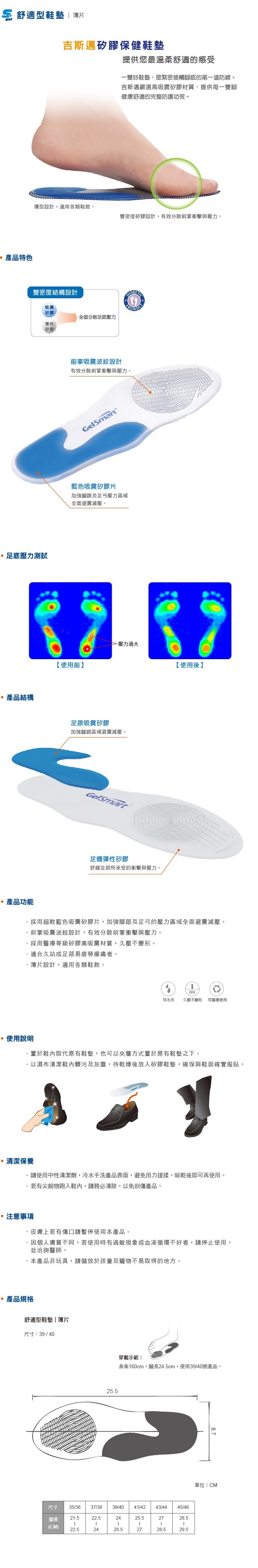 舒適型鞋墊  薄片吉斯邁矽膠保健鞋墊提供您最溫柔舒適的感受 產品特色一雙好鞋墊,是緊密接觸腳底的第一道防線吉斯邁嚴選高吸震矽膠材質,提供每一雙腳健康舒適的完整防護功效薄型設計,適用各類鞋款。雙密度矽膠設計,有效分散前掌衝擊與壓力。雙密度結構設計吸震矽膠全面分散足底壓力彈性足底壓力測試前掌吸震波紋設計有效分散前掌衝擊與壓力。藍色吸震矽膠片加強腳跟及足弓壓力區域全面避震減壓。【使用前】 壓力過大【使用後】。產品結構足跟吸震矽膠加強腳跟區域避震減壓。GelSmart足體彈性矽膠舒緩足部所承受的衝擊與壓力。產品功能採用超軟藍色吸震矽膠片,加強腳跟及足弓的壓力區域全面避震減壓。前掌吸震波紋設計,有效分散前掌衝擊與壓力。採用醫療等級矽膠高吸震材質,久壓不變形。適合久站或足部易疲勞痛者。薄片設計,適用各類鞋款。可水洗 久壓不變形 可重複使用。使用說明置於鞋內取代原有鞋墊,也可以夾層方式置於原有鞋墊之下。以濕布清潔鞋內髒污及灰塵,待乾燥後放入矽膠鞋墊,確保與鞋面確實服貼。清潔保養請使用中性清潔劑,冷水手洗產品表面,避免用力搓揉,晾乾後即可再使用。若有尖銳物跑入鞋內,請務必清除,以免刮傷產品。注意事項·皮膚上若有傷口請暫停使用本產品。個人膚質不同,若使用時有過敏現象或血液循環不好者,請停止使用,並洽詢醫師。·本產品非玩具,請儲放於孩童及寵物不易取得的地方。。產品規格舒適型鞋墊薄片尺寸:39/4025.5穿戴示範:身高160cm,腳長24.5cm,使用39/40號產品。尺寸35/3637/3839/4041/42 43/44 45/46腳長21.522.52425.52728.5|(CM)22.52425.52728.529.587單位:CM