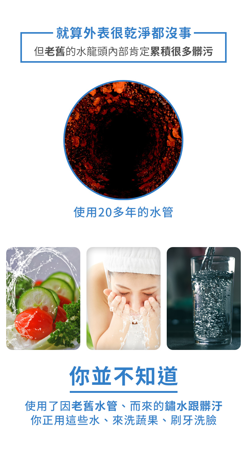 就算外表很乾淨都但老舊的水龍頭內部肯定累積很多髒污使用20多年的水管你並不知道使用了因老舊水管、而來的鏽水跟髒汙你正用這些水、來洗蔬果、刷牙洗臉