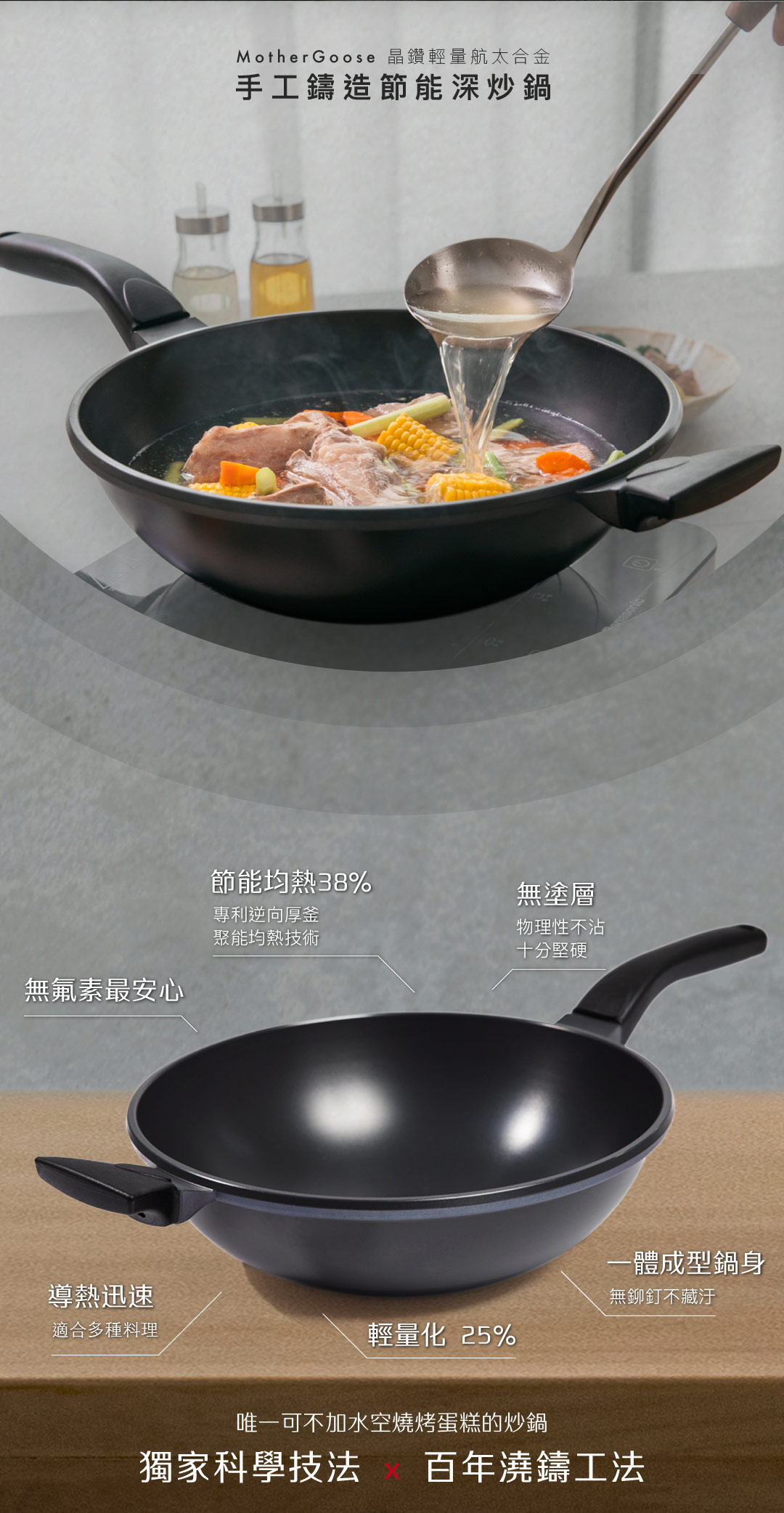 Mother Goose 晶鑽輕量航太合金手工鑄造節能深炒鍋節能均熱38%無塗層專利逆向厚釜物理性不沾十分堅硬無氟素最安心聚能均熱技術導熱迅速適合多種料理一體成型鍋身無鉚釘不藏汙輕量化 25%唯一可不加水空燒烤蛋糕的炒鍋獨家科學技法百年澆鑄工法