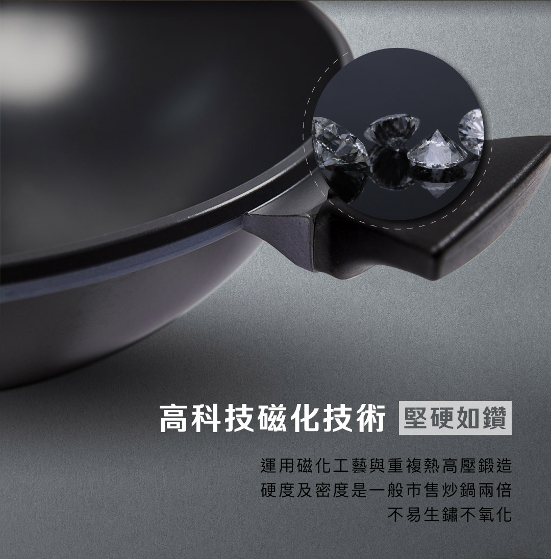 高科技磁化技術 堅硬如鑽運用磁化工藝與重複熱高壓鍛造硬度及密度是一般市售炒鍋兩倍不易生鏽不氧化