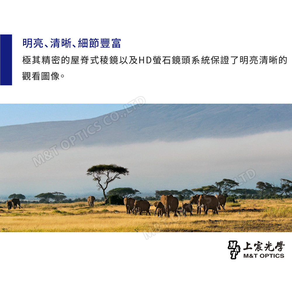 明亮､清晰､細節豐富極其精密的屋脊式稜鏡以及HD螢石鏡頭系統保證了明亮清晰的觀看圖像。M&T OPTICS COLTDTD光學M&T OPTICS