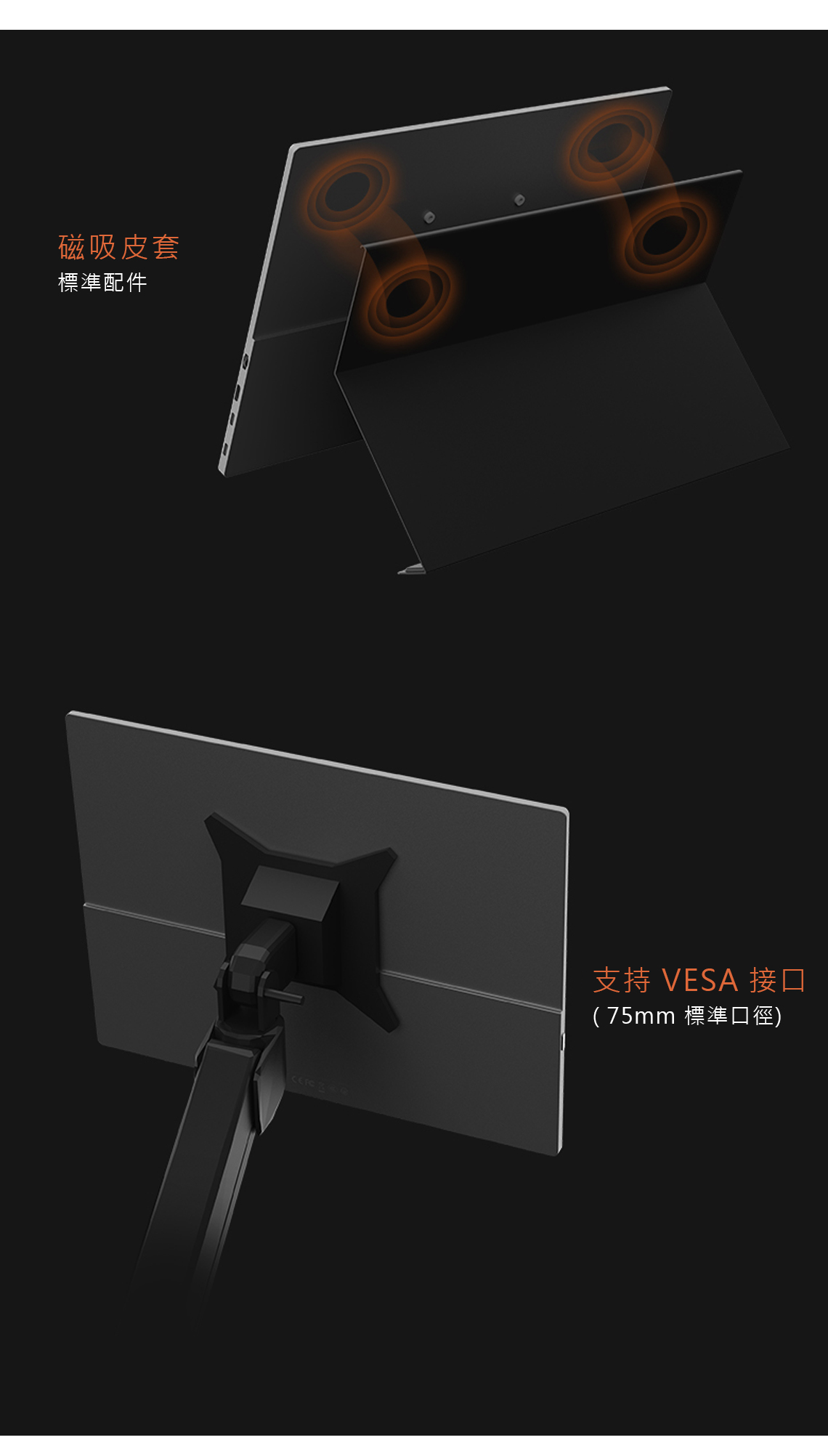 磁吸皮套標準配件支持 VESA 接口(75mm 標準口徑)