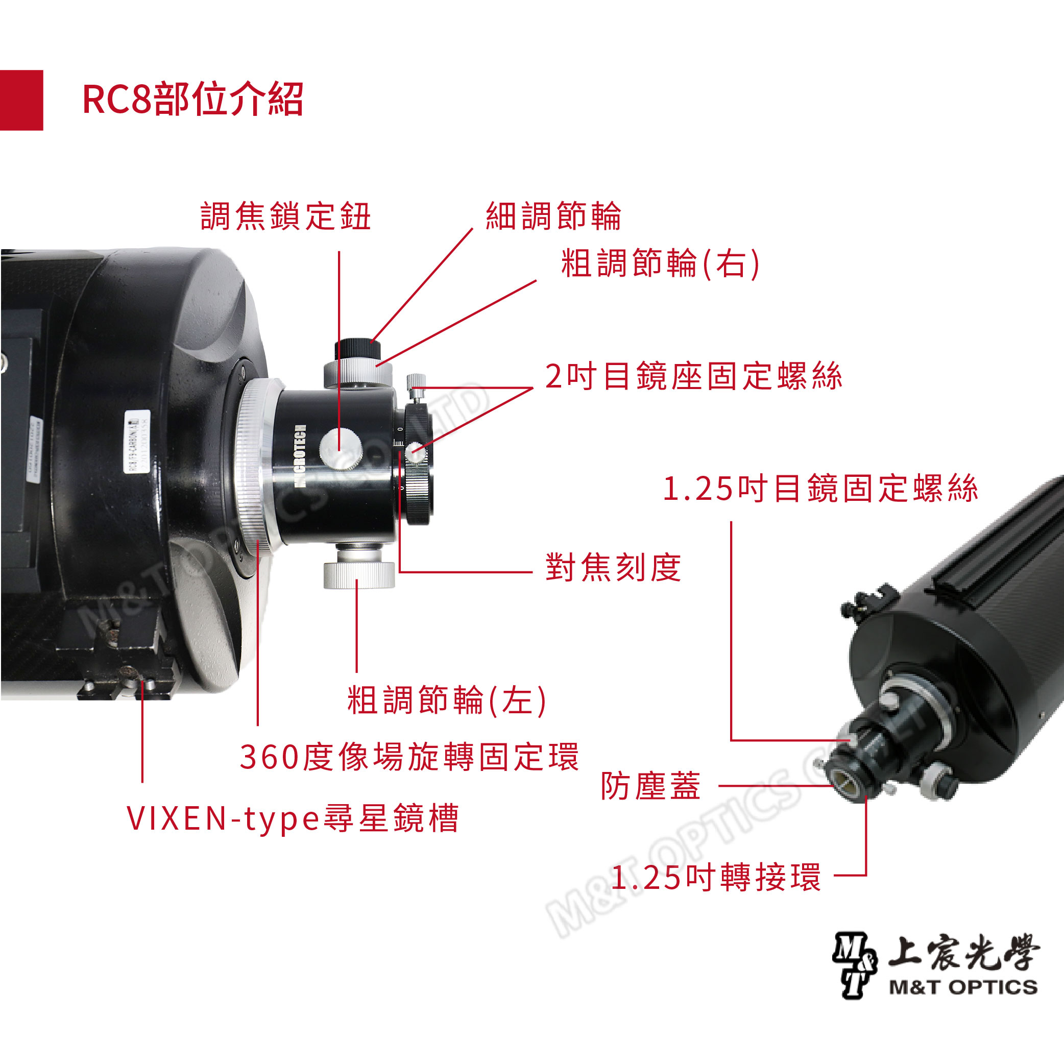 RC8轉接單眼相機分解圖RC8主鏡2調焦座 RC8主鏡筒與相機接合圖減焦鏡加購貨號:22000284減焦鏡用相機延伸管加購貨號:221050016012-OUNTEOS M加購貨號:222800735SONY NEX加購貨號:2239500003M4/3PANASONICLEICA OLYMPUS加購貨號:2239500020MT CANON EOS加購貨號:2200400013CANON-FD加購貨號:2200400012NIKON加購貨號:2200400015PENTAX加購貨號:2200400016上宸光學M&T OPTICS