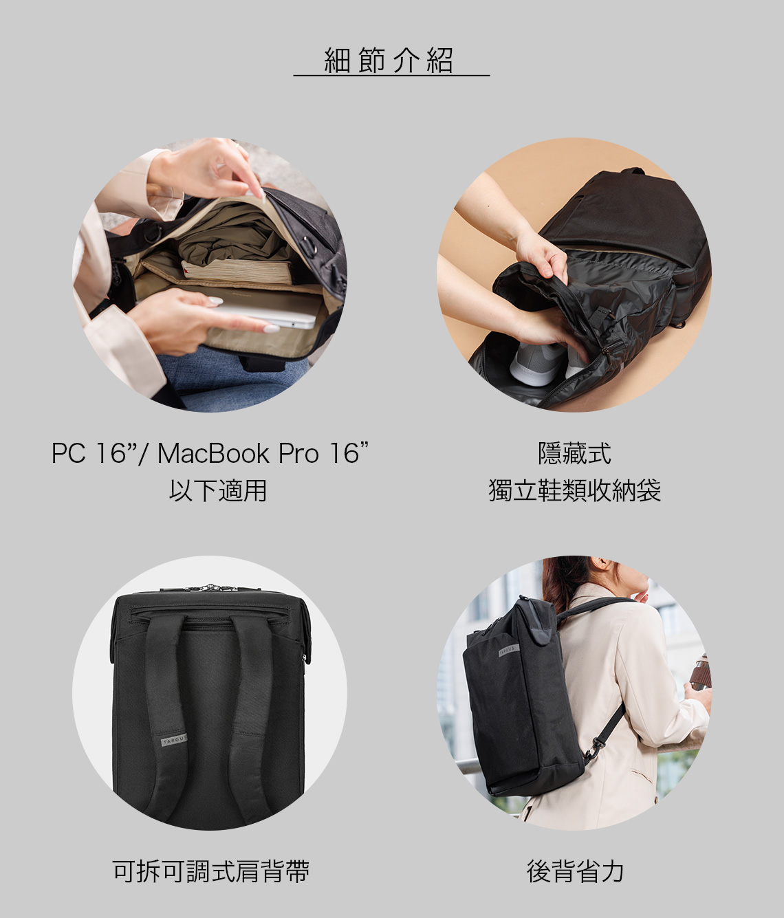 細節介紹PC 16 MacBook Pro 16以下適用隱藏式獨立鞋類收納袋TARGUS可拆可調式肩背帶後背省力