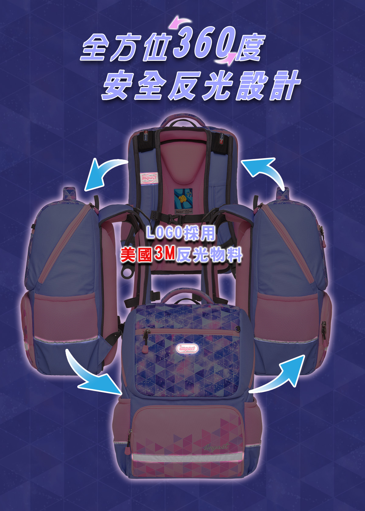 impact 怡寶 - 銀河系成長型護脊書包-粉紅(IM00369PK)|身高130cm以上適用|精選好禮兩件組(運動襪、筆袋)