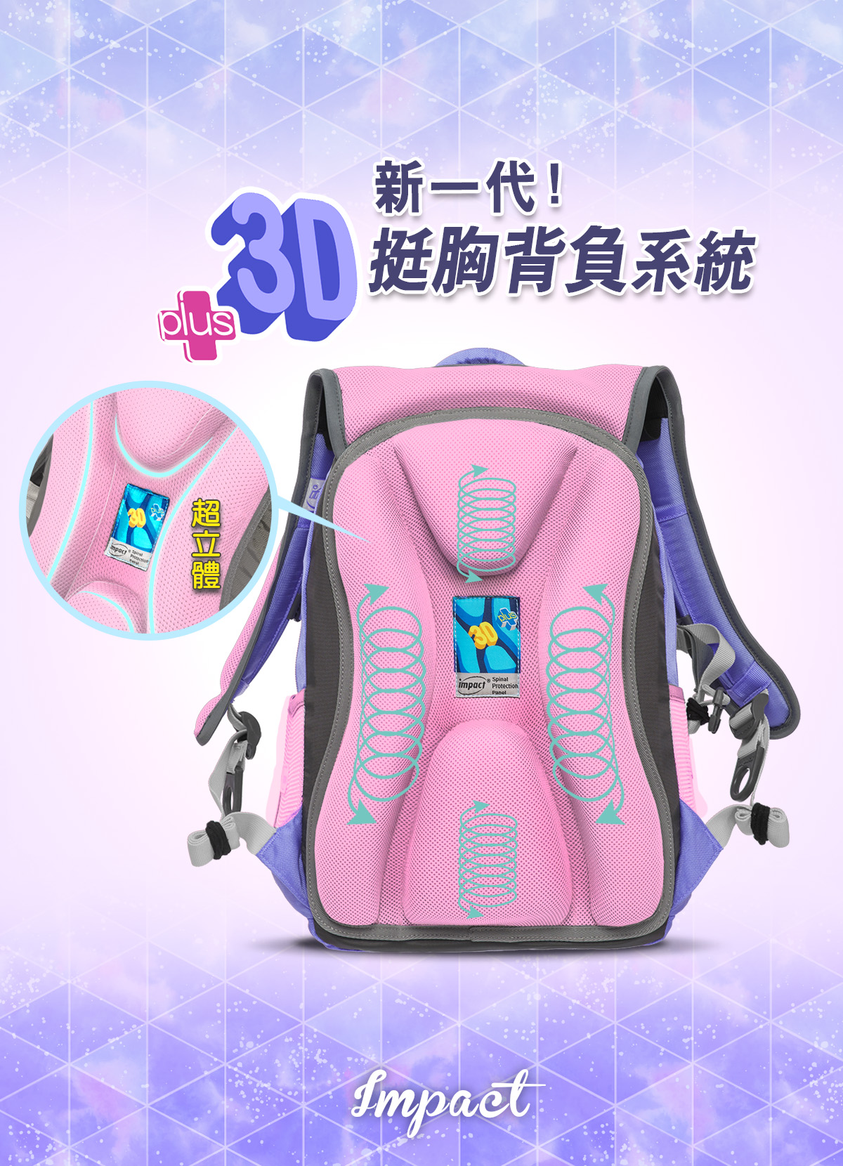 impact 怡寶 - 銀河系成長型護脊書包-粉紅(IM00369PK)|身高130cm以上適用|精選好禮兩件組(運動襪、筆袋)