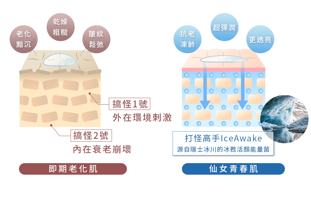 全新升級的京城國民紅霜，添入源自瑞士冰川的IceAwake、維他命ACE等成分，鎖定加速老化的搞怪做亂份子，加強掃蕩。