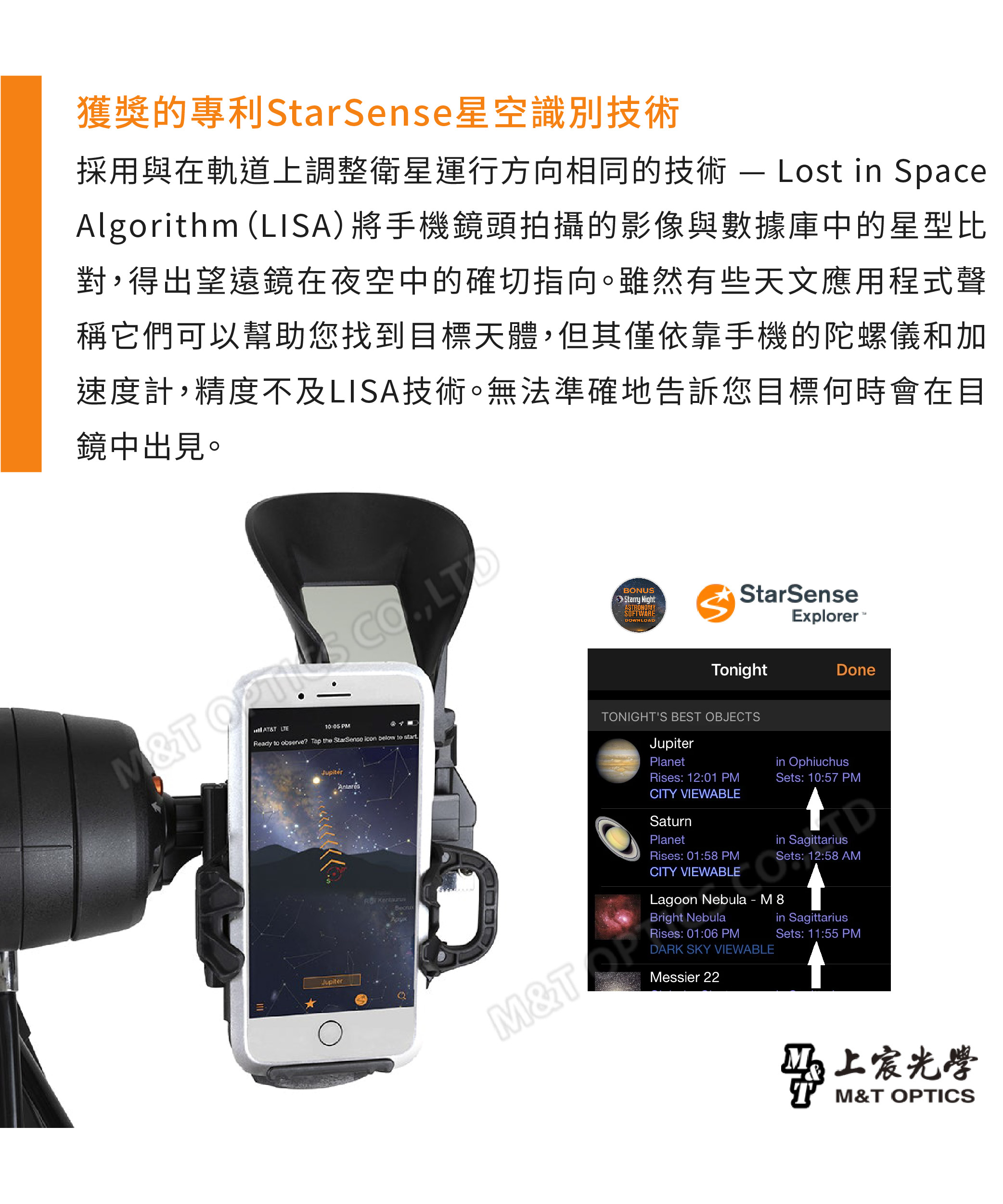 獲獎的專利StarSense星空識別技術採用與在軌道上調整衛星運行方向相同的技術  Lost  SpaceAlgorithm (LISA)將手機鏡頭拍攝的影像與數據庫中的星型比對得出望遠鏡在夜空中的確切指向。雖然有些天文應用程式聲稱它們可以幫助您找到目標天體,但其僅依靠手機的陀螺儀和加速度計,精度不及LISA技術。無法準確地告訴您目標何時會在目鏡中出見。  M&T  ,10:05 PMeady to ?  the    to startR BONUS Starry NightASTRONOMYSOFTWAREDOWNLOADStarSenseExplorer TonightDoneTONIGHTS BEST OBJECTSM&JupiterPlanetRises: 12:01 PMCITY VIEWABLESaturnPlanetRises: 01:58 PMCITY VIEWABLEin OphiuchusSets: 10:57 PMin SagittariusDSets: 12:58 AMSets:Lagoon Nebula-M8Bright NebulaRises: 01:06 PMDARK SKY VIEWABLEMessier 22in SagittariusSets: 11:55 PM宸光學M&T OPTICS