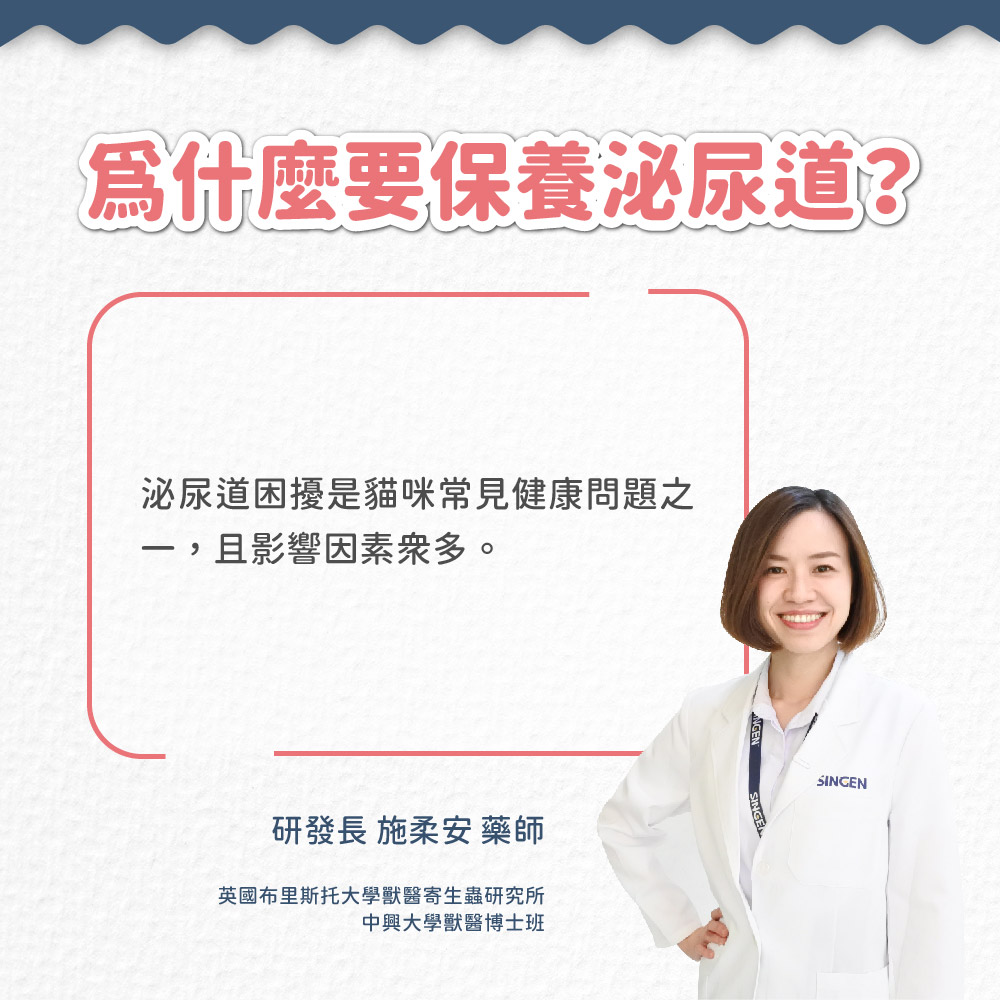 爲什麼要保養泌尿道?泌尿道困擾是貓咪常見健康問題之且影響因素。研發長 施柔安 藥師英國布里斯托大學獸醫寄生蟲研究所中興大學獸醫博士班SINGEN