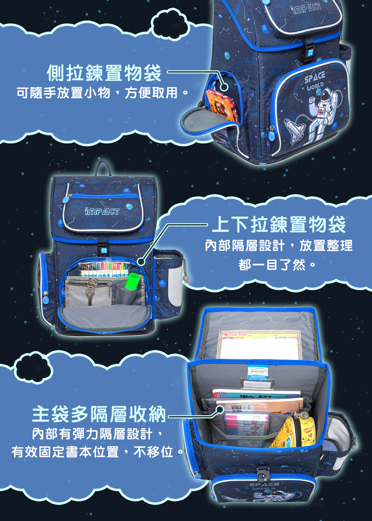 impact 怡寶 - 懸浮磁扣新世代標準型護脊書包|身高120~140cm|送三件組筆袋、手帕、石墨烯運動襪(IM00706SP)-太空人