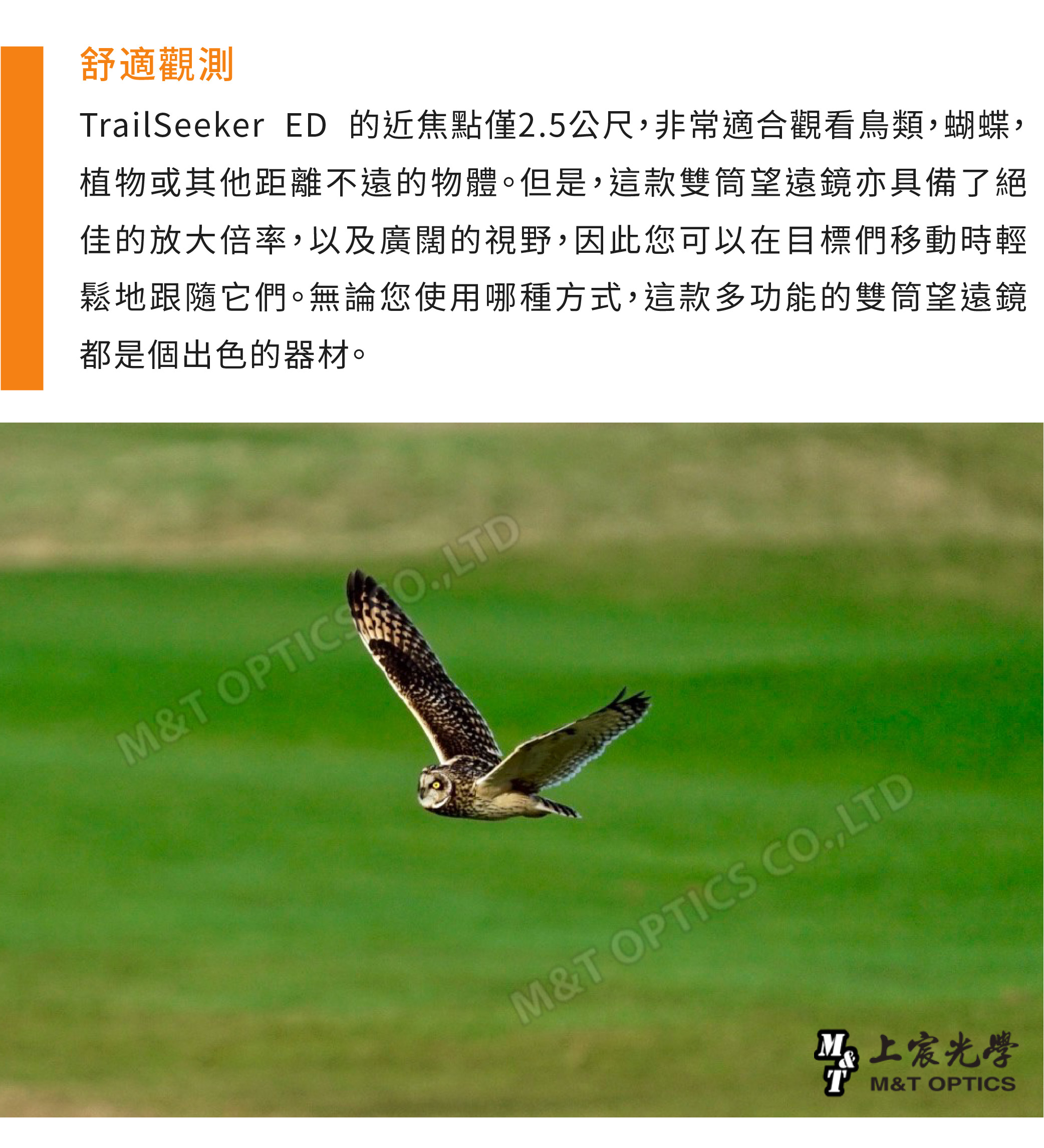 舒適觀測TrailSeeker ED 的近焦點僅25公尺非常適合觀看鳥類,蝴蝶,植物或其他距離不遠的物體。但是,這款雙筒望遠鏡亦具備了絕佳的放大倍率,以及廣闊的視野,因此您可以在目標們移動時輕鬆地跟隨它們。無論您使用哪種方式,這款多功能的雙筒望遠鏡都是個出色的器材。M&T OPTICSO.,LTDM&T OPTICS CO.,LTDT M&T OPTICS