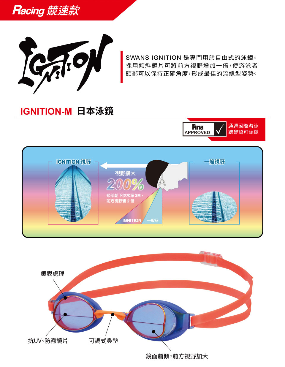 Racing 競速款IGNITION-M_日本泳鏡SWANS IGNITION 是專門用於自由式的泳鏡。採用傾斜鏡片可將前方視野增加一倍使游泳者頭部可以保持正確角度,形成最佳的流線型姿勢。IGNITION 視野視野擴大200%頭部朝下於水深2M,前方視野變2倍鍍膜處理IGNITION 一般品Fina通過國際游泳APPROVED總會認可泳鏡一般視野抗UV、防霧鏡片可調式鼻墊鏡面前傾,前方視野加大