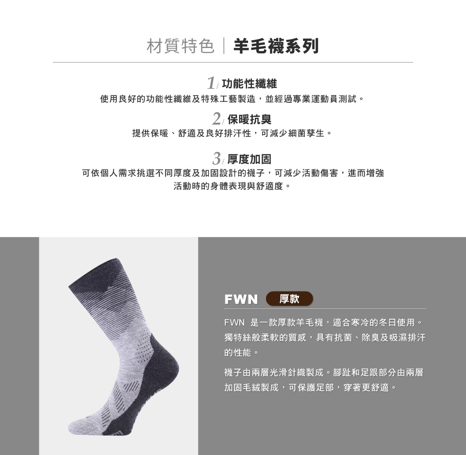 材質特色|羊毛襪系列 功能性纖維使用良好的功能性纖維及特殊工藝製造,並經過專業運動員測試。2 保暖抗臭提供保暖、舒適及良好排汗性,可減少細菌孳生。3 厚度加固可依個人需求挑選不同厚度及加固設計的襪子,可減少活動傷害,進而增強活動時的身體表現與舒適度。FWN厚款FWN 是一款厚款羊毛襪,適合寒冷的冬日使用。獨特絲般柔軟的質感,具有抗菌、除臭及吸濕排汗的性能。襪子由兩層光滑針織製成。腳趾和足跟部分由兩層加固毛絨製成,可保護足部,穿著更舒適。