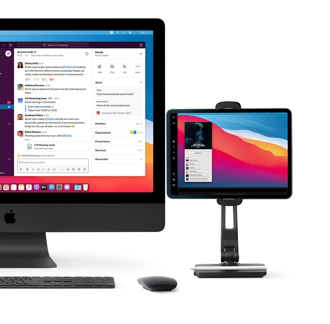 30 Search Marketing Track and social mediaGeeta Joshi 55Really need to give some kudos to @Fathima for helpingout with the new influx of tweets yestday People arereally really excited about yesterdays announcement11DetailssocialmediaddFindCallMoreAboutFathima Parveen 11:56No! It was my pleasure! Great to see the enthusiasm outthereTopicA1 Marketing team 1:45GEvent starting in 15 minutes:Team status meetingToday from 13:00 to 13:30Sandeep Mishra Quick note: today @Madhu will join our team syncto provide updates on the launch if you have questionsbring em. See you all er in 2 minutesRahul Khanna 12:58Meeting notes from our sync with @Madhu1/9 Meeting notesLast edited just nowZenith Marketing is in this channelMessage socialmedia ATrack and coordinate social mediaDescriptionHome of the social media teamCreated on 18th October 2019MembersOrganisations 3.122 Pinned items1 ShortcutsShared files1 A