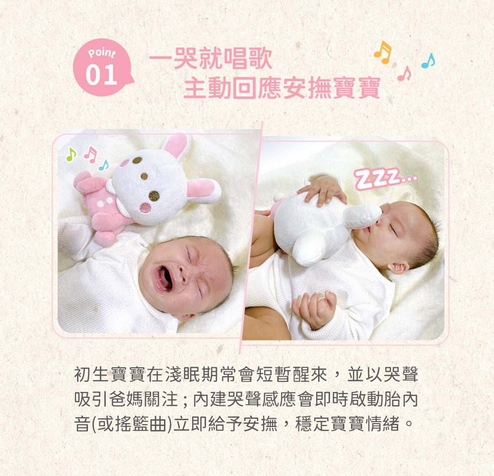 point一哭就唱歌01主動回應安撫寶寶...初生寶寶在淺眠期常會短暫醒來,並以哭聲吸引爸媽關注;哭聲感應會即時啟動胎內音(或搖籃曲)立即給予安撫,穩定寶寶情緒。