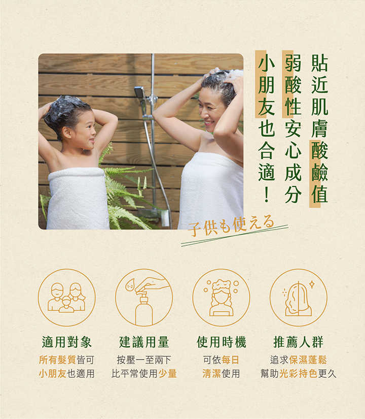 小弱朋酸近膚合心酸適成子供も使える!分值適用對象建議用量使用時機推薦人群所有髮質皆可小朋友也適用按壓一至兩下比平常使用少量可依每日追求保濕蓬鬆清潔使用幫助光彩持色更久