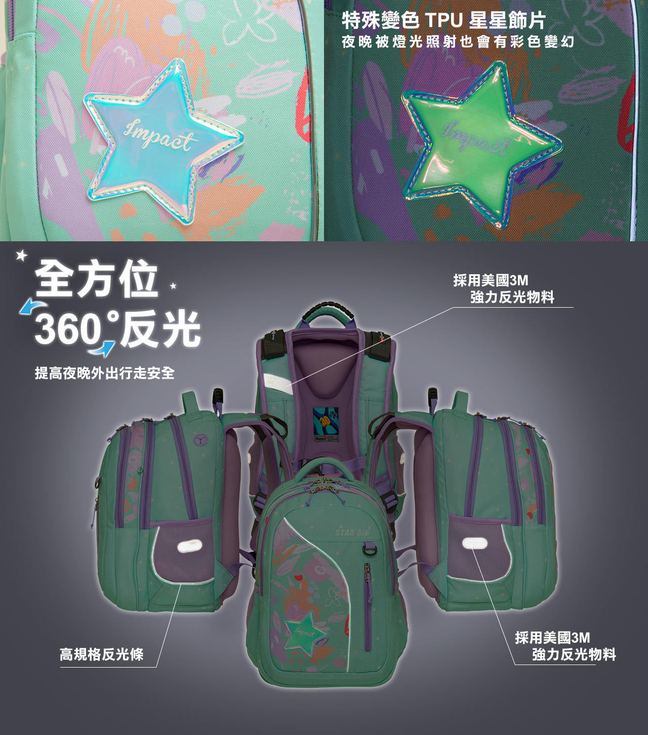 impact 怡寶 - STARAIR系列成長型護脊書包-粉綠(IM00303TG)|身高130cm以上適用|精選好禮兩件組(運動襪、筆袋)