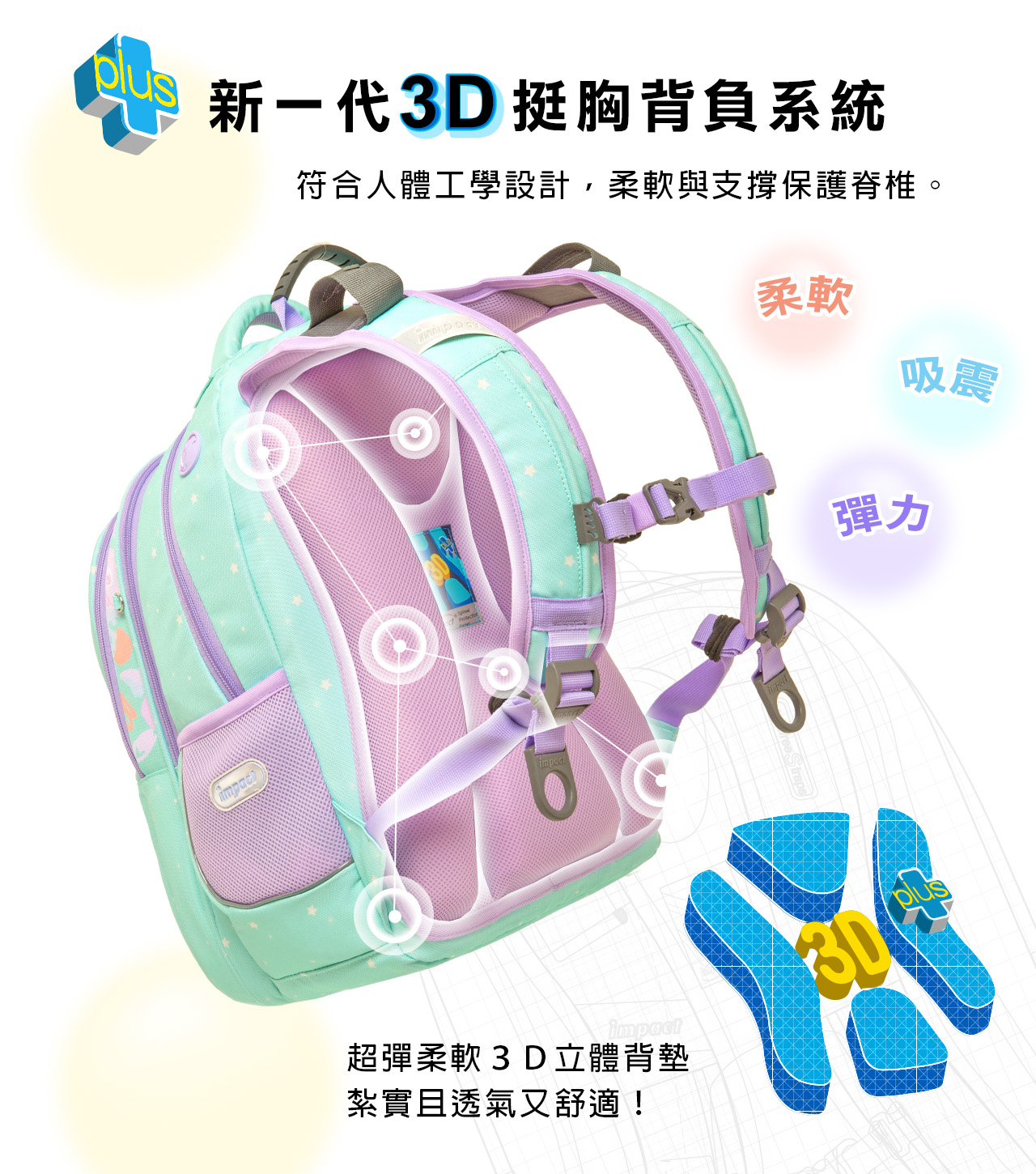 impact 怡寶 - STARAIR系列成長型護脊書包-粉綠(IM00303TG)|身高130cm以上適用|精選好禮兩件組（運動襪、筆袋）