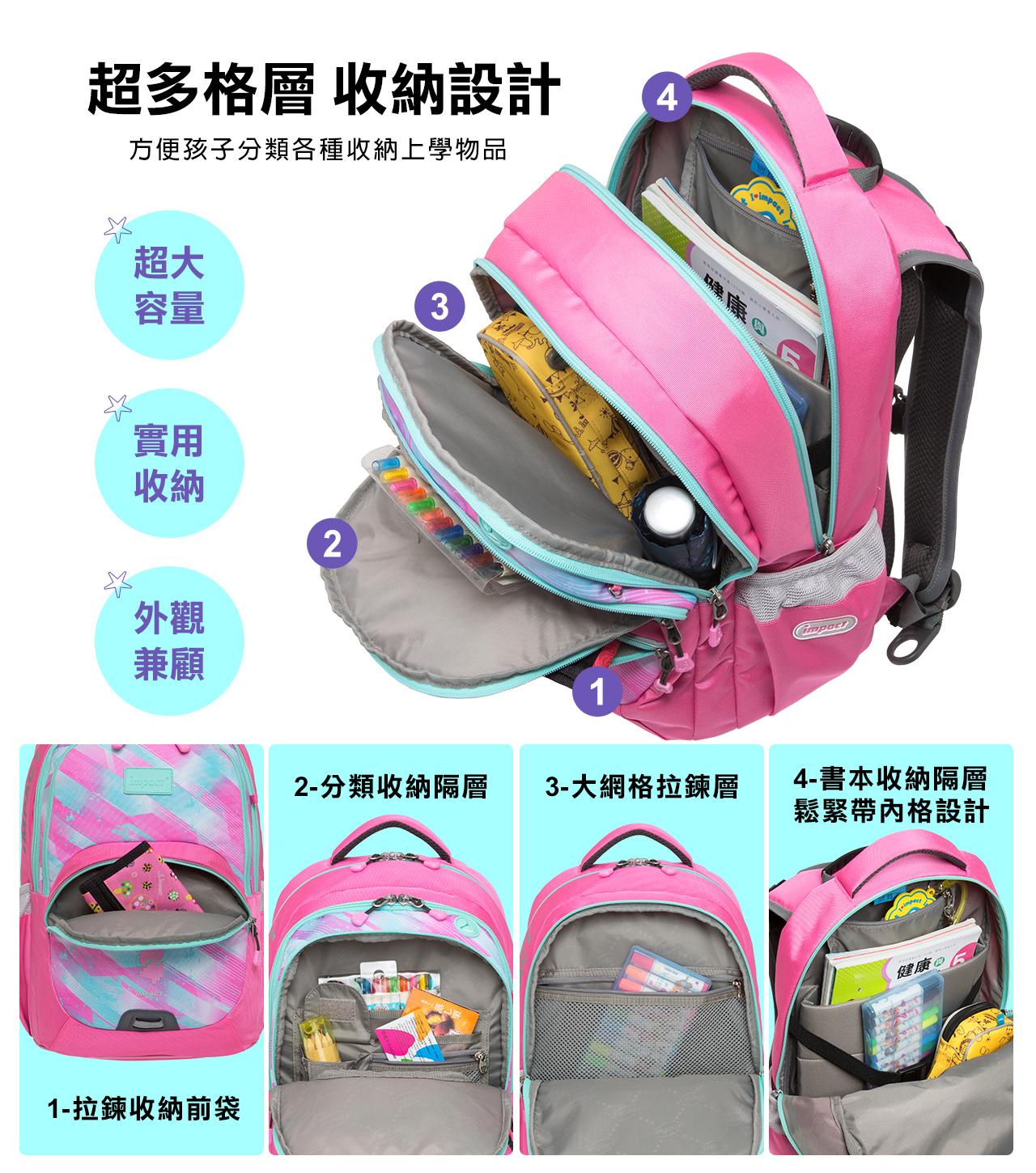 impact 怡寶 - 強化版成長型護脊書包-粉紅(IM00385PK)|身高130cm以上適用|精選好禮兩件組(運動襪、筆袋)