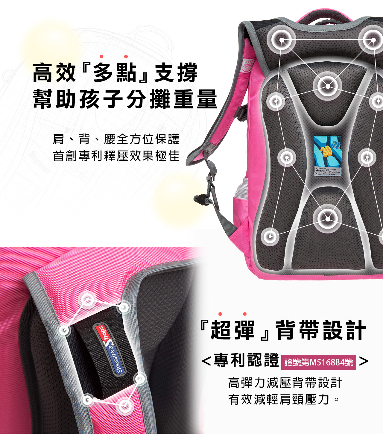 impact 怡寶 - 強化版成長型護脊書包-粉紅(IM00385PK)|身高130cm以上適用|精選好禮兩件組(運動襪、筆袋)