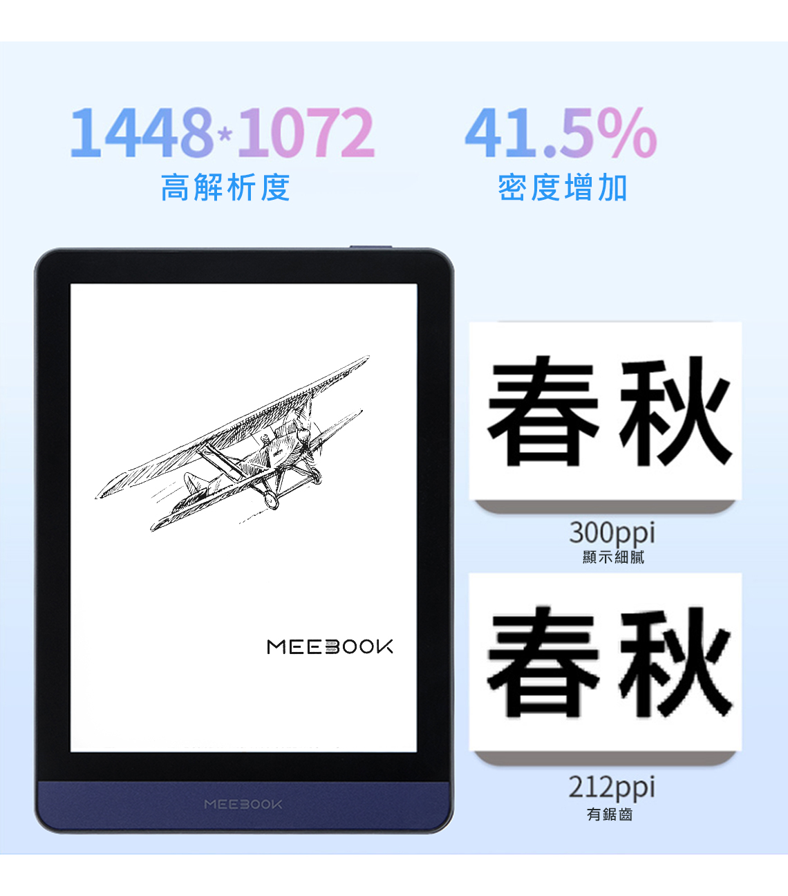 1448107241.5%高解析度密度增加MEEBOOK春秋300ppi顯示細膩MEEBOOK春秋212ppi有鋸齒