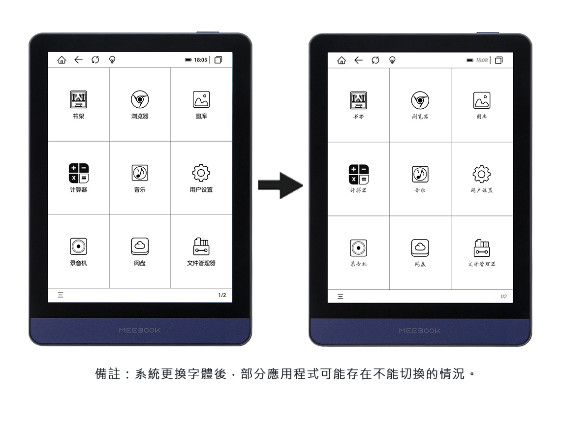 18:05书架浏览器计算器用户设置录音机网盘文件管理器EEBOK1/2O1808M书架浏览器图库计算器音乐用户设置网盘文件管理器MEEBOOK備註:系統更換字體後,部分應用程式可能存在不能切換的情況。