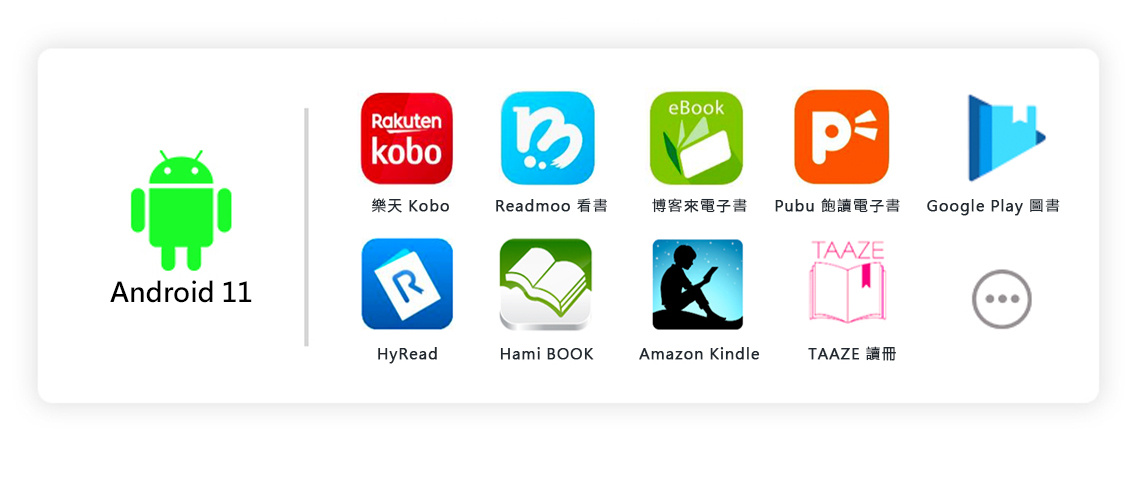 RakutenkoboBeBook樂天 KoboReadmoo博客來電子書Pubu飽讀電子書Google Play TAAZEAndroid 11RHyReadHami BOOKAmazon KindleTAAZE 讀冊