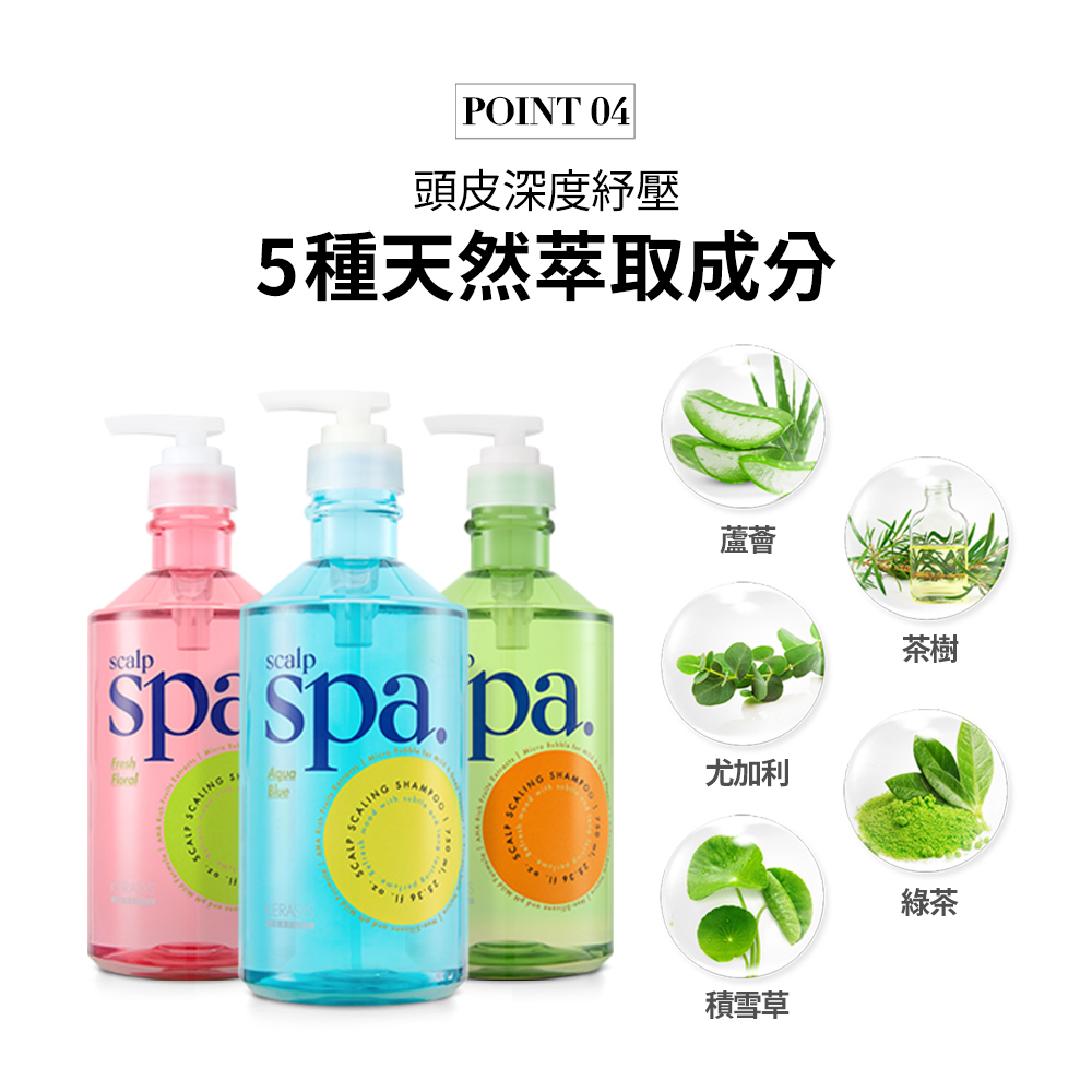 POINT 04頭皮深度紓壓5種天然萃取成分scalpscalp spa paCALING ALINGSCALINGERASSCALP蘆薈尤加利茶樹積雪草綠茶